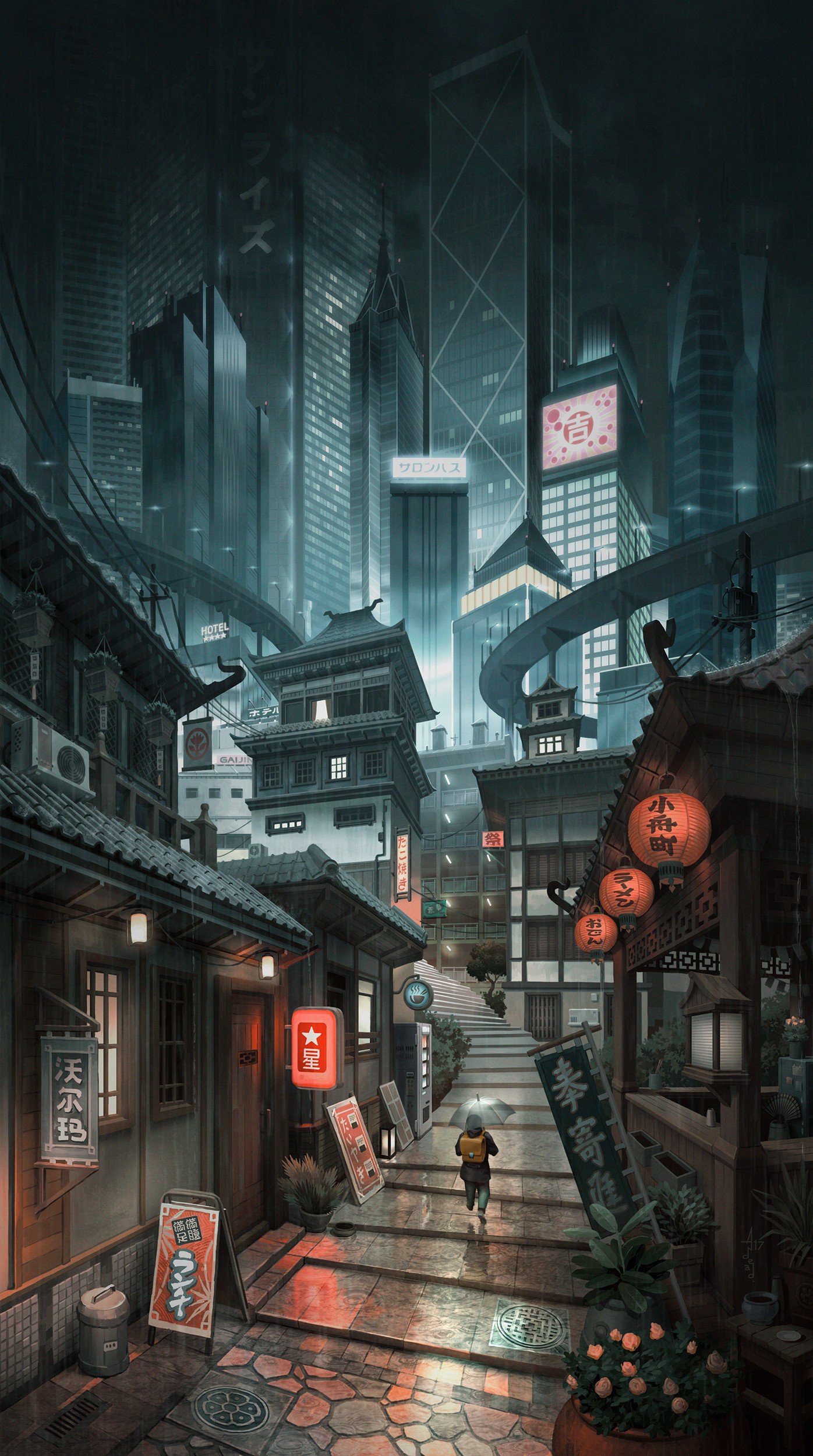 anime night wallpaper iphone Cityscape, artwork, skyscraper, digital art, alleyway, city, japan