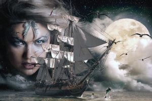 witch, Face, Clouds, Moon, Sea, Ship, Dolphin, Birds