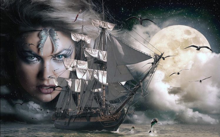 witch, Face, Clouds, Moon, Sea, Ship, Dolphin, Birds HD Wallpaper Desktop Background