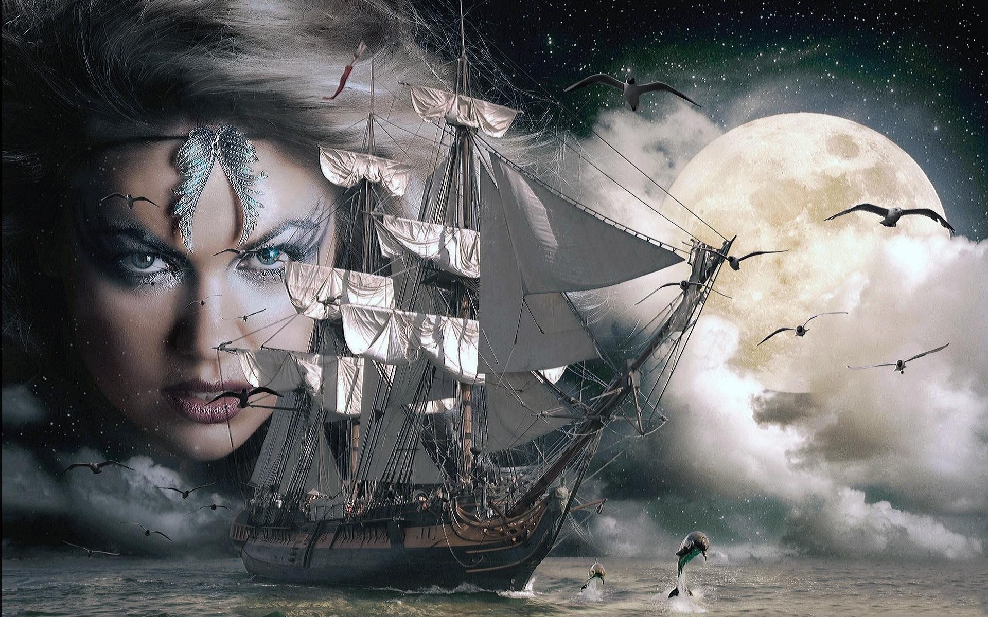 witch, Face, Clouds, Moon, Sea, Ship, Dolphin, Birds Wallpaper