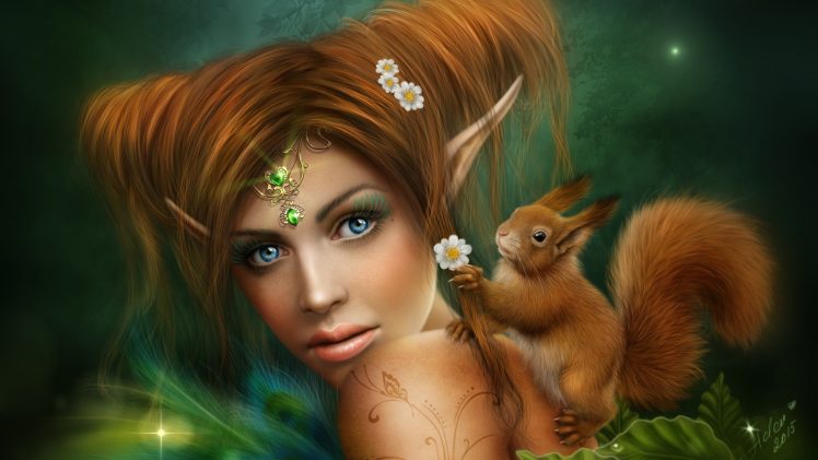 elves, Women, Squirrel, Decorations, Flowers, Tattoo, Bokeh HD Wallpaper Desktop Background