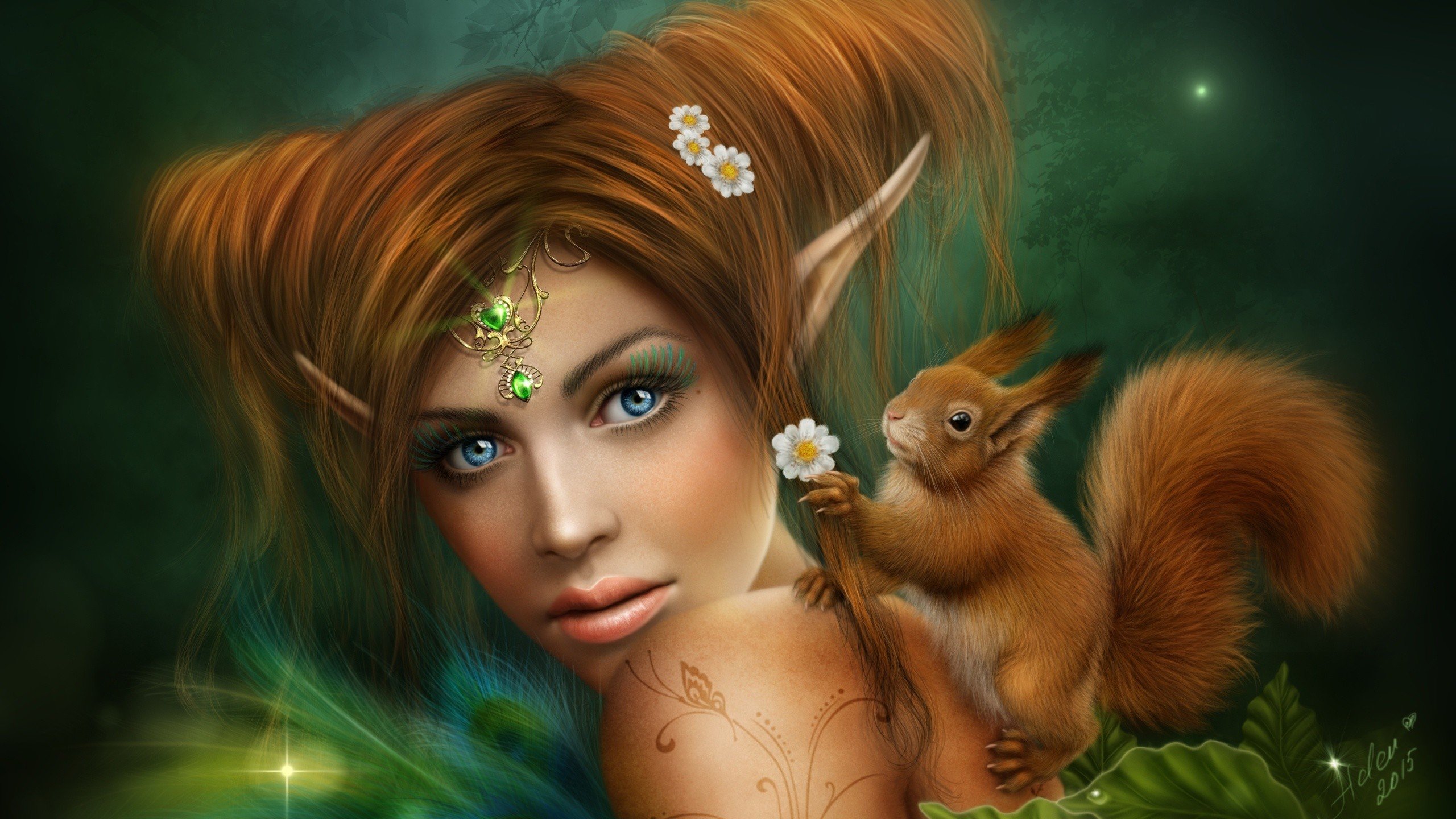 elves, Women, Squirrel, Decorations, Flowers, Tattoo, Bokeh Wallpaper