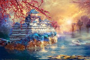 castle, Pond, Water, Trees, Sky, Retouching, Fall, Asian architecture