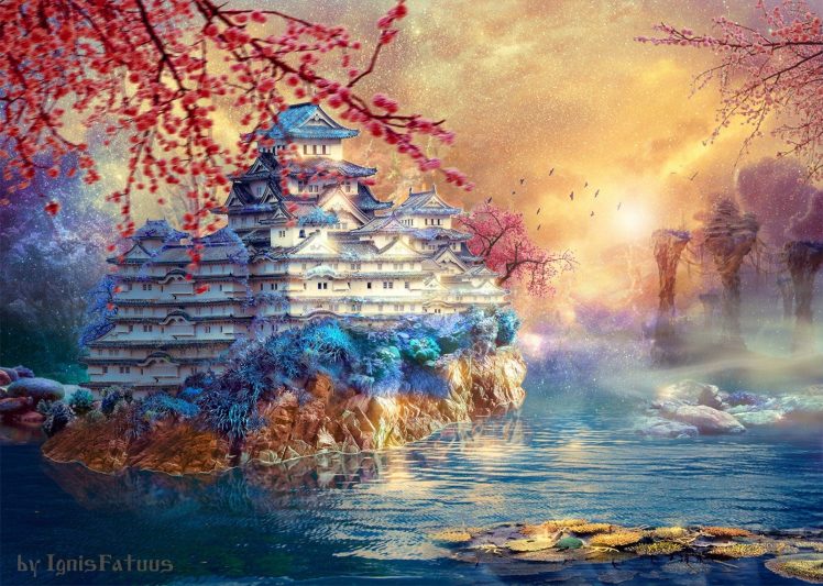 castle, Pond, Water, Trees, Sky, Retouching, Fall, Asian architecture HD Wallpaper Desktop Background