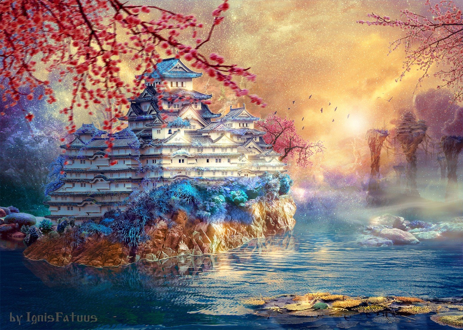 castle, Pond, Water, Trees, Sky, Retouching, Fall, Asian architecture Wallpaper