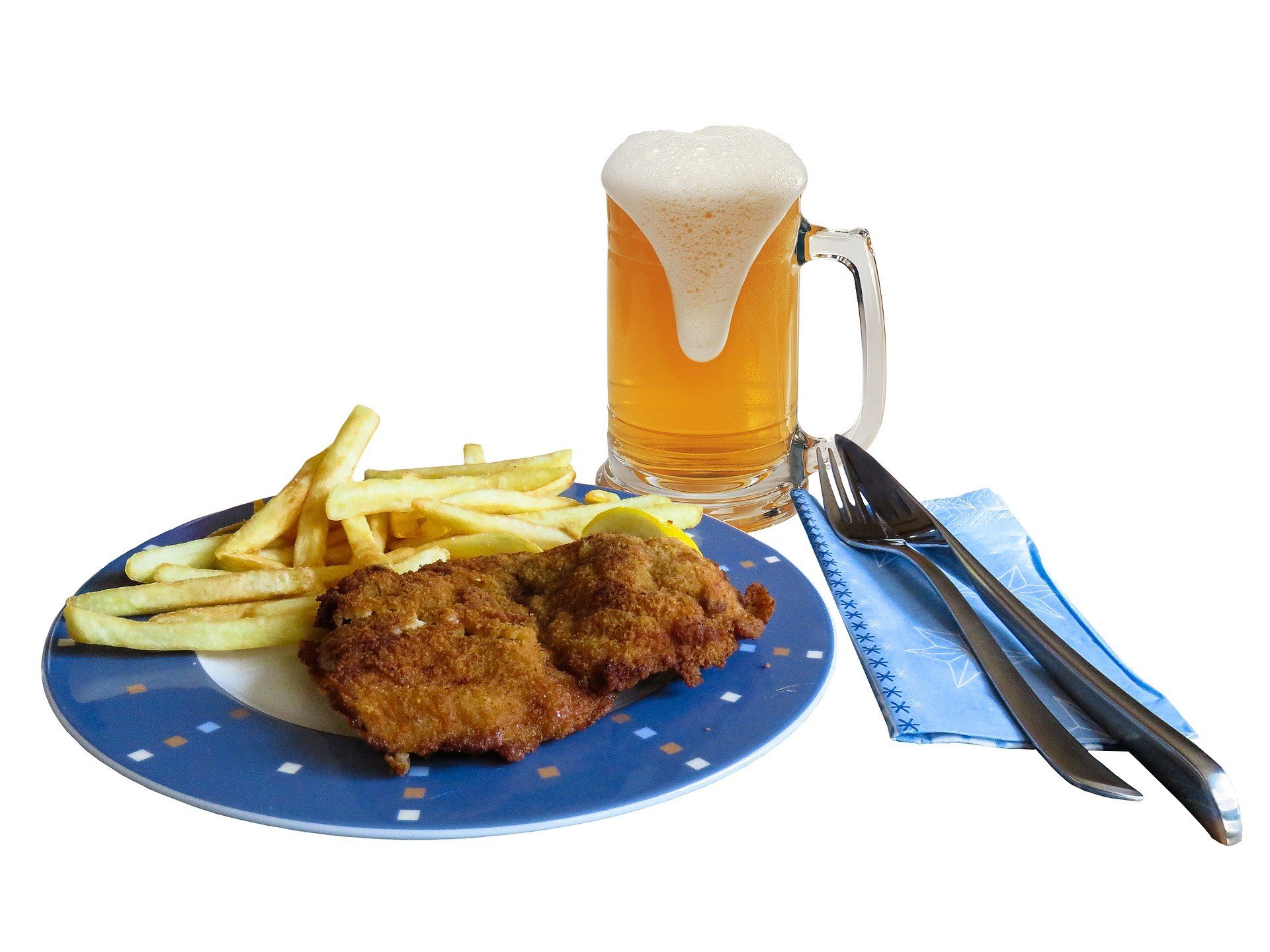 food, Dishes, French fries, Fork, Table knife, Napkin, Mugs, Beer, Foam Wallpaper