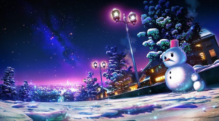 sky, Stars, Landscape, Night, Trees, Building, City, Clouds, Snow, Snowmen, Winter HD Wallpaper Desktop Background