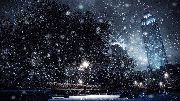 snow, Skyscraper, Trees, Street, Sky, Night HD Wallpaper Desktop Background