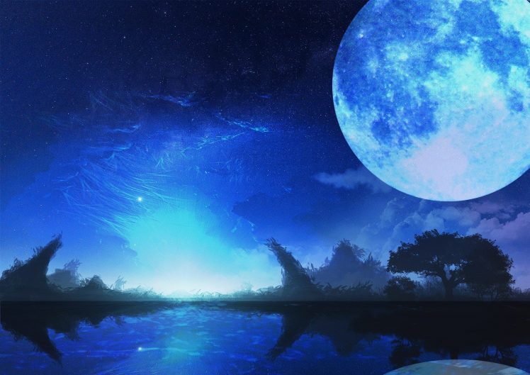 Nobody, Moon, Sky, Stars, Night, Trees, Monochrome, Blue, Water HD Wallpaper Desktop Background