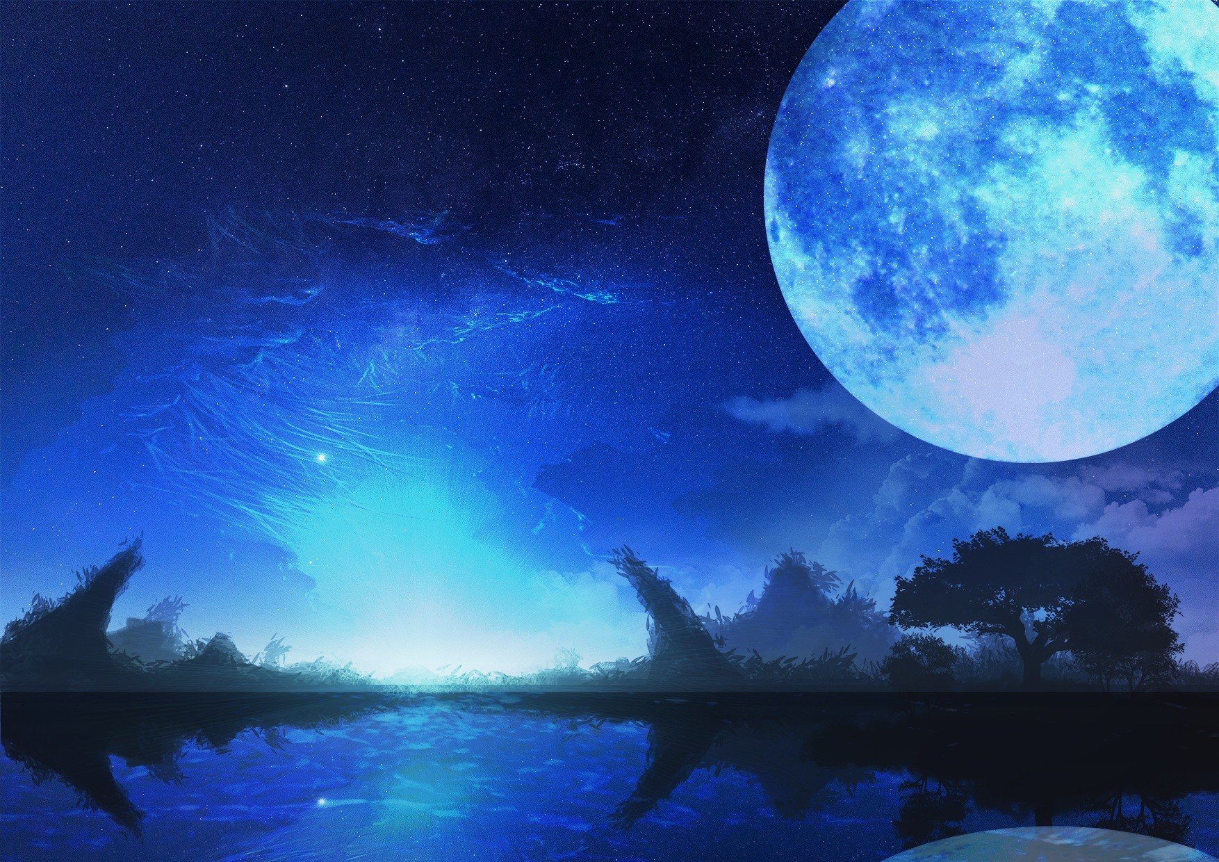 Nobody, Moon, Sky, Stars, Night, Trees, Monochrome, Blue, Water Wallpaper
