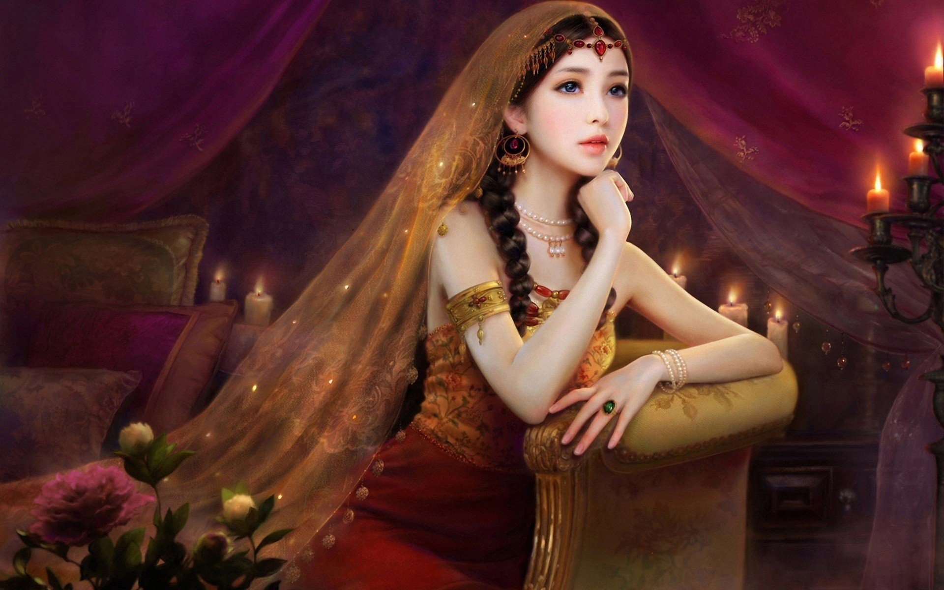 women, Decorated, Flowers, Candles, Room, Artwork, Digital art Wallpaper