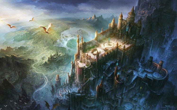 castle, Dragon, Artwork, Digital art, Minas Tirith HD Wallpaper Desktop Background