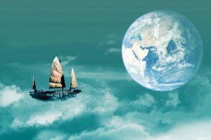 ship, Sailing ship, Planet, Sky, Clouds, Digital art, Earth