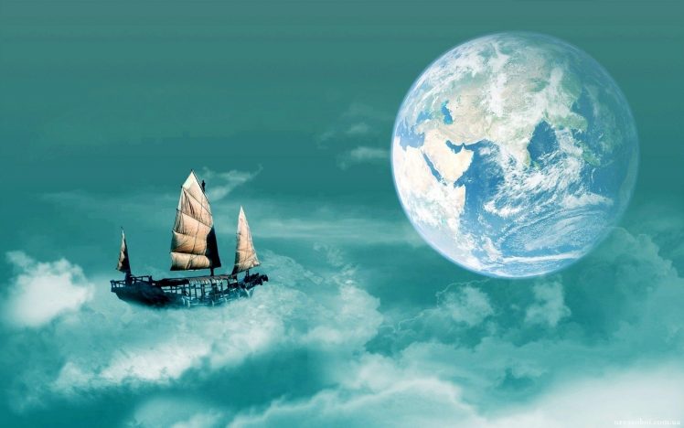 ship, Sailing ship, Planet, Sky, Clouds, Digital art, Earth HD Wallpaper Desktop Background