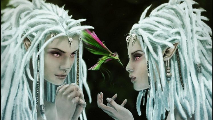 elven, Women, Twins, Decorated, Birds, Hummingbird, Digital art, Fantasy girl, Fantasy art HD Wallpaper Desktop Background
