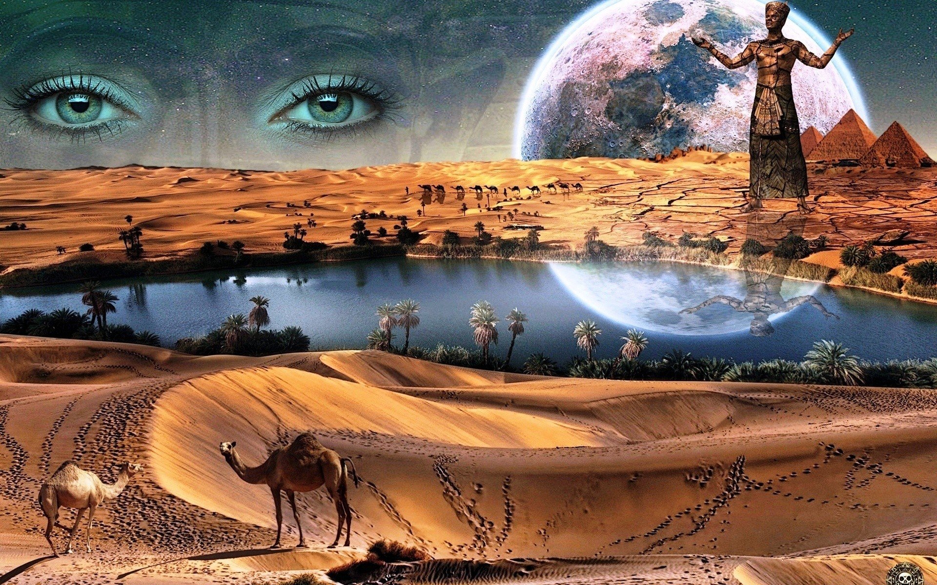 eyes, Planet, Trees, Camels, Water, Reflection, Pyramid, Desert, Digital art, God, Ancient Wallpaper