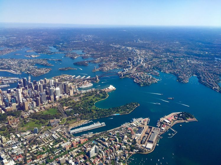 Australia, Sydney, Aerial view, City, Cityscape, Sea, Haze HD Wallpaper Desktop Background