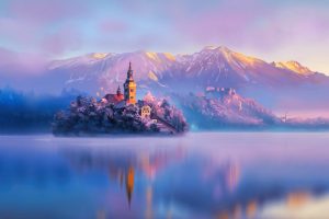 digital art, Island, Water, Mountains, Lake, Slovenia