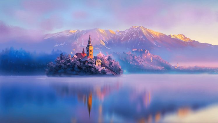 digital art, Island, Water, Mountains, Lake, Slovenia HD Wallpaper Desktop Background