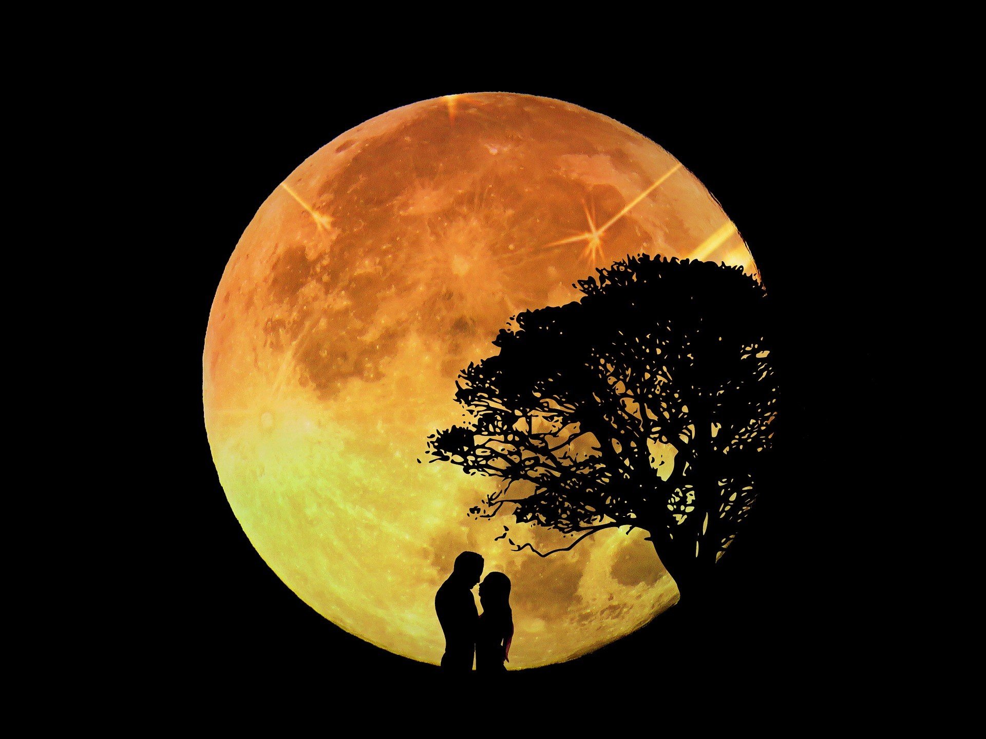 lovers, Moon, Trees, Night, Silhouette, Digital art Wallpaper