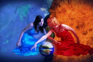 women, Witch, Water, Fire, Elements, Sphere, World, Digital art