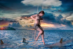 women, Legs, Sky, Rope swing, Sea, Shark, Digital art, Photo manipulation