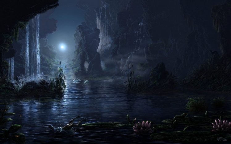 night, Moon, Moon rays, Water, Rock, Flowers, Plants, Swan, Landscape, Digital art HD Wallpaper Desktop Background