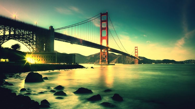 Golden Gate Bridge, San Francisco, USA, Bridge, Sea, Architecture, Sunset, Long exposure HD Wallpaper Desktop Background