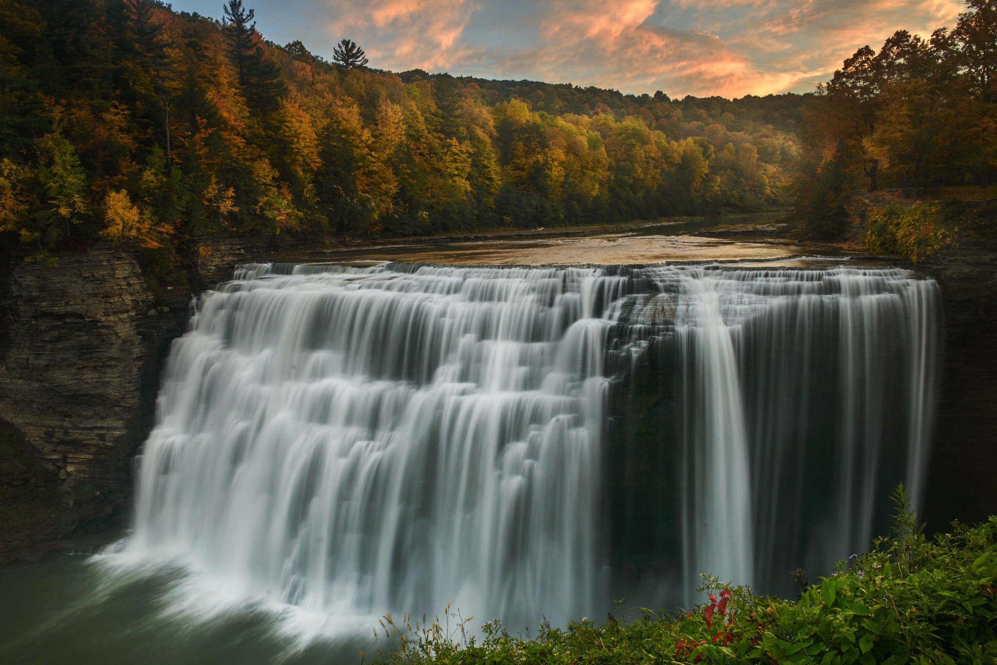 waterfall, Trees, Fall, Landscape, Nature, Letchworth, New York state Wallpaper