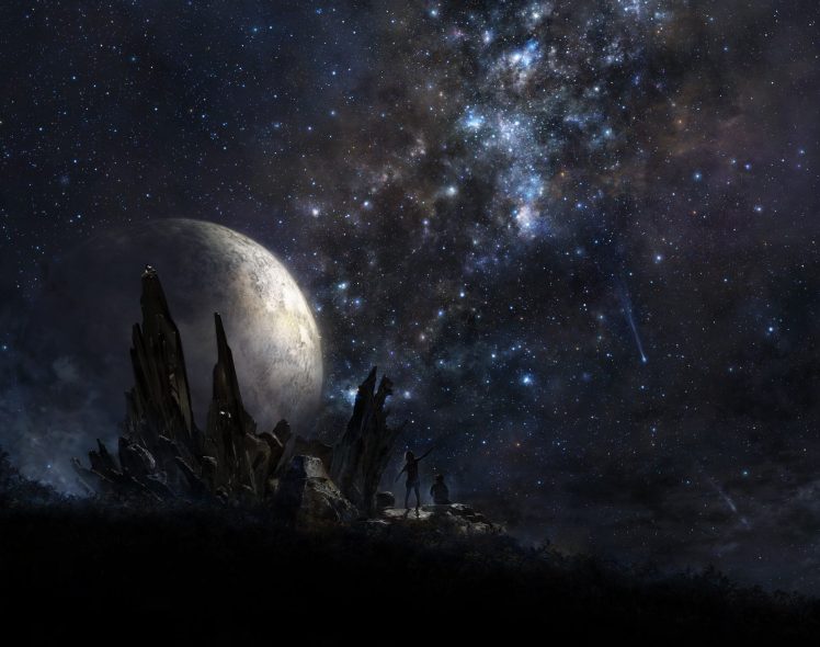 Moon, Landscape, Stars HD Wallpaper Desktop Background