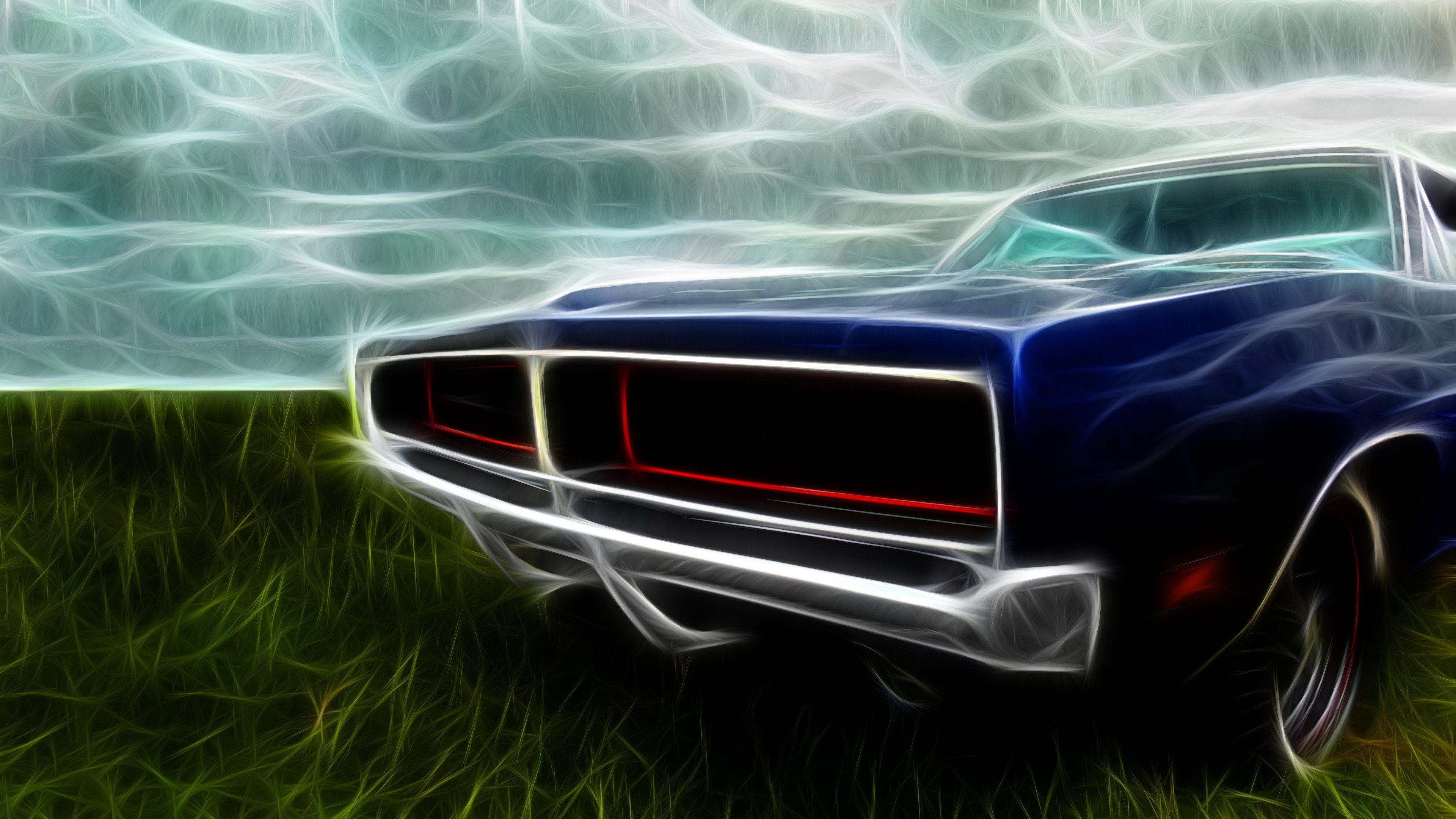 car, Dodge, Charger, Sky, Grass, Blue, Green, White, Gray, Black, Red Wallpaper