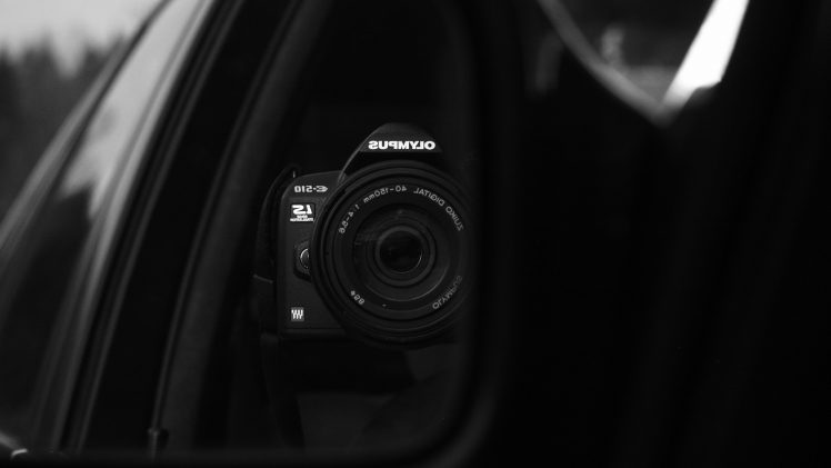 monochrome, Olympus, Camera, Mirror, Reflection, Lens, Car, Vehicle HD Wallpaper Desktop Background