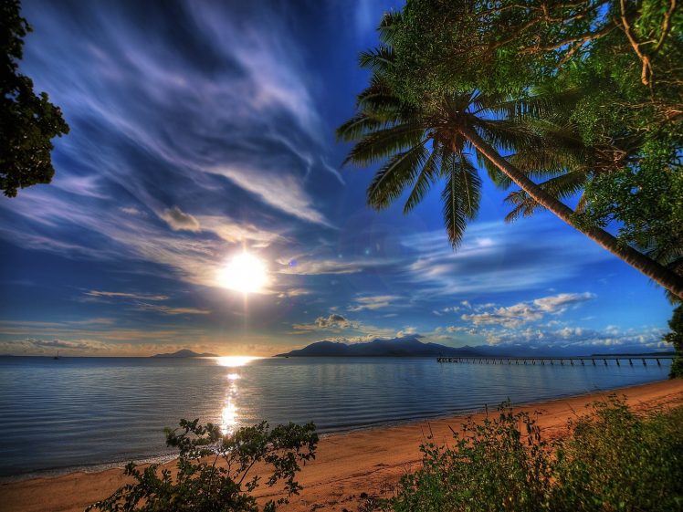 sunset, Sea, Reflection, Shore, Plants, Sky, Tropics, Nature HD Wallpaper Desktop Background