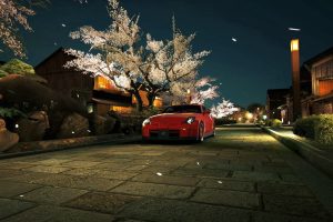 night, Street light, Trees, Cherry blossom, Car, Spring, Cityscape, Japan, Gran Turismo