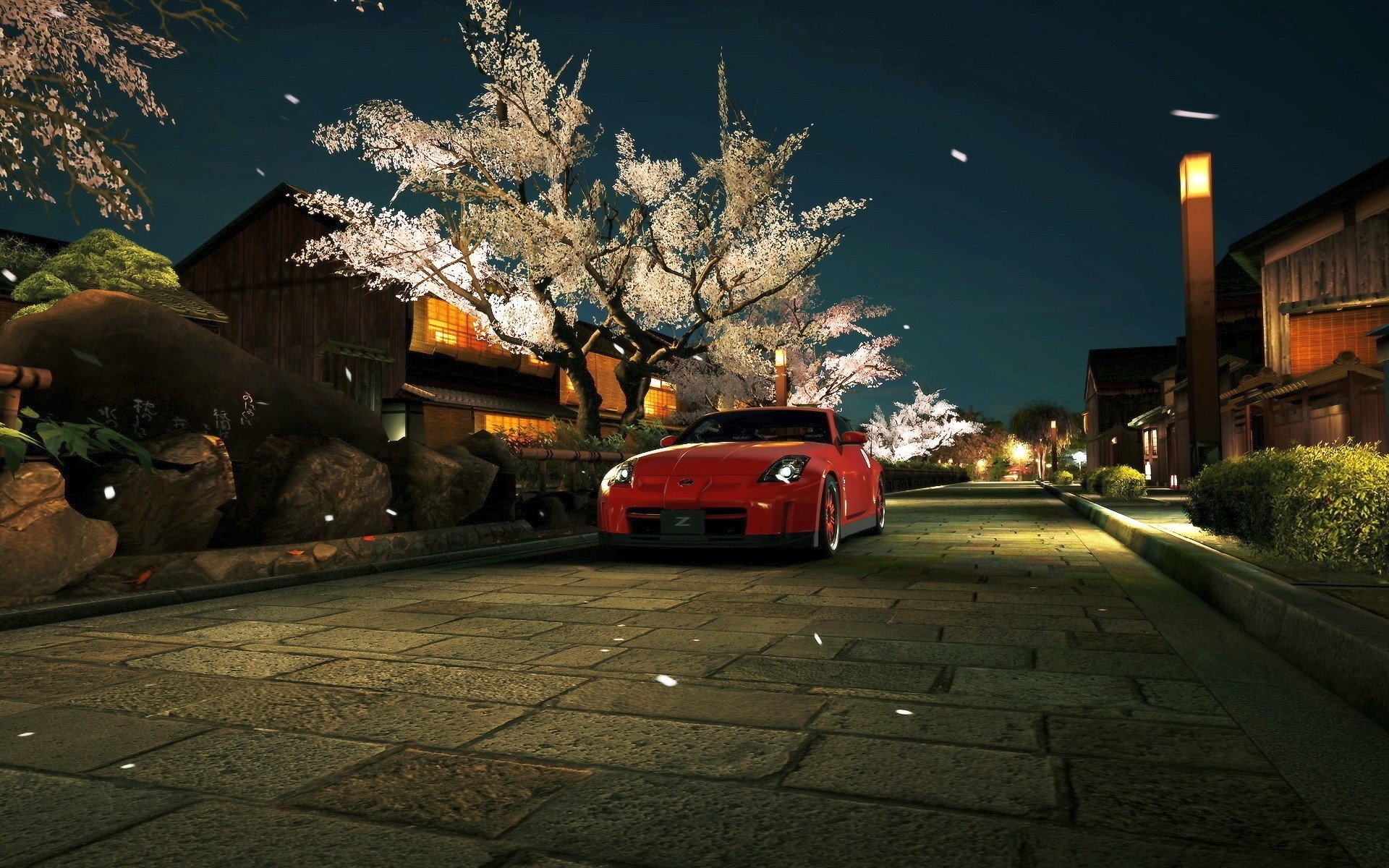 night, Street light, Trees, Cherry blossom, Car, Spring, Cityscape, Japan, Gran Turismo Wallpaper