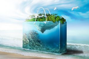 bag, Aquarium, Water, Sea, Shark, Rocks, Island, Trees, Plants, Birds, Photo manipulation, Digital art