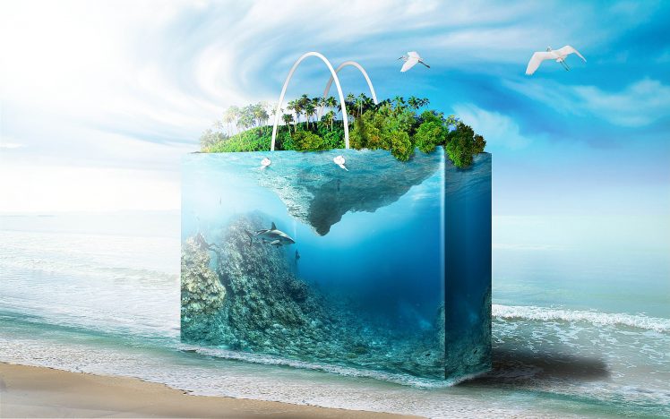 bag, Aquarium, Water, Sea, Shark, Rocks, Island, Trees, Plants, Birds, Photo manipulation, Digital art HD Wallpaper Desktop Background