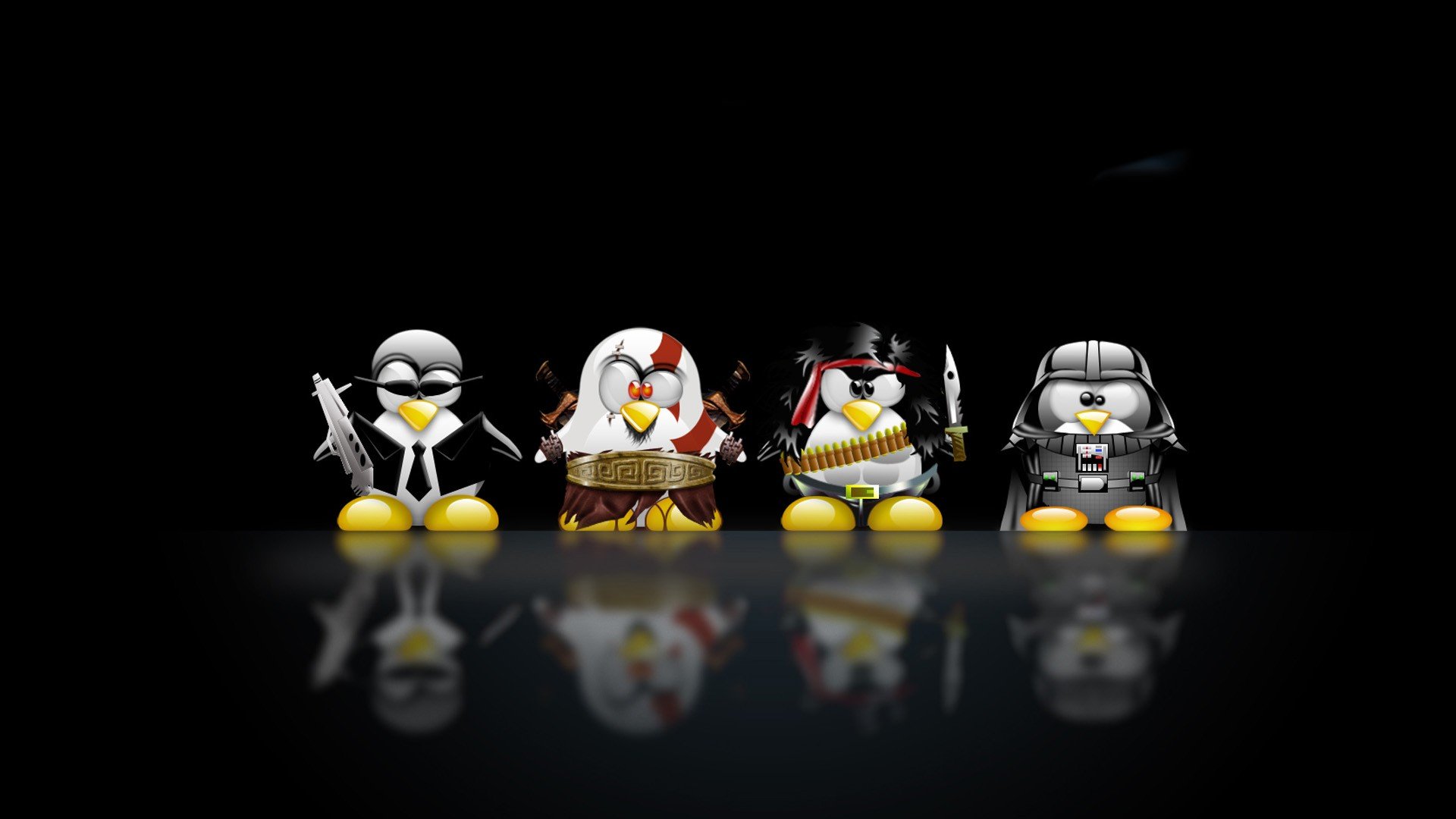Tux, Darth Vader, Kratos, John Rambo, Linux Wallpaper