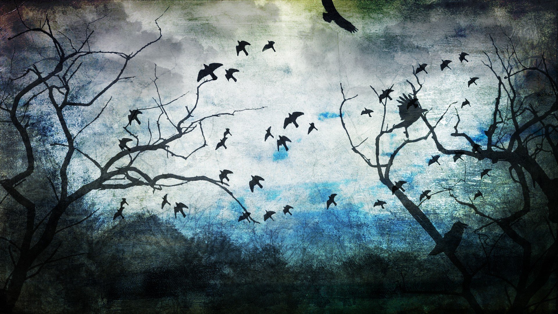 birds, Nature, Digital art, Drawing, Trees, Clouds, Crow Wallpaper