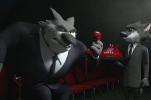 Anthro, Gangsters, Gangster, Rock Dog, Wolf, Animals, 3D, Cartoon, Movies, Clothing, Suits, Tie, Telephone, Drinking glass, Chair, Screen shot, Screengrab