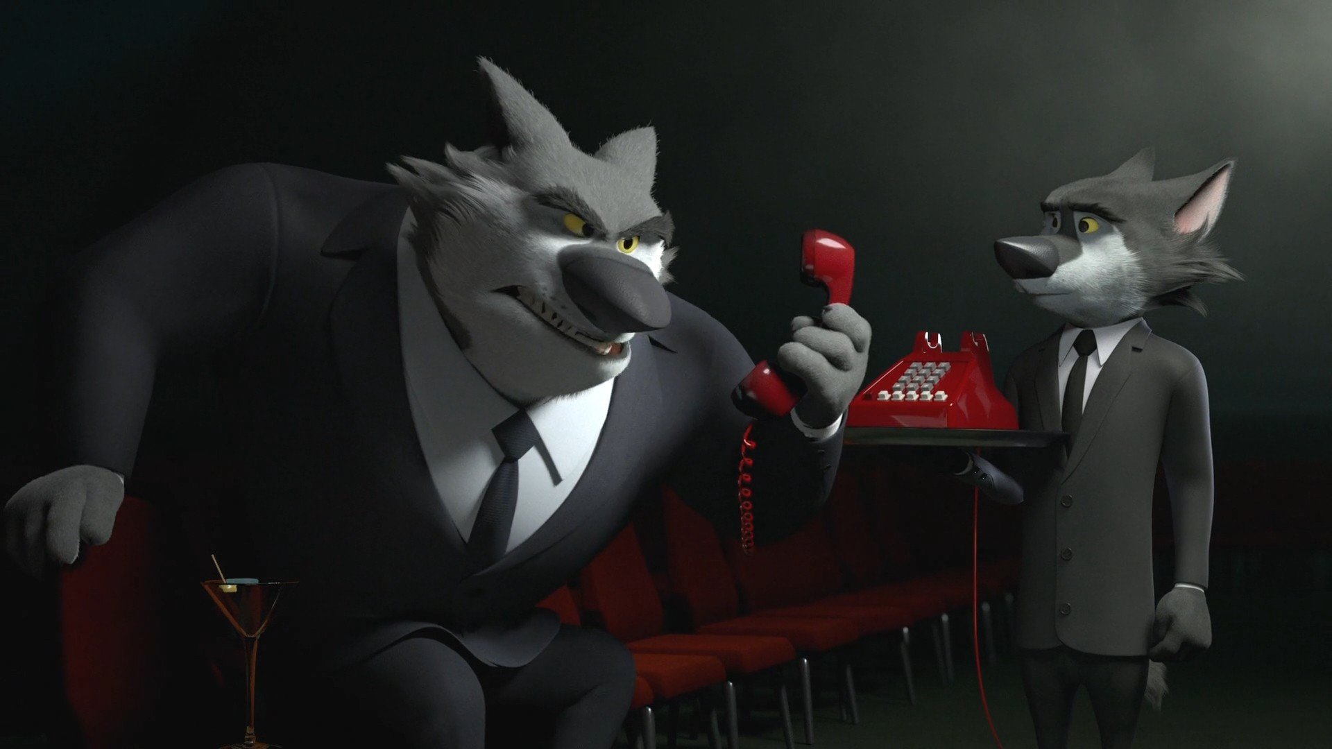 Anthro, Gangsters, Gangster, Rock Dog, Wolf, Animals, 3D, Cartoon, Movies, Clothing, Suits, Tie, Telephone, Drinking glass, Chair, Screen shot, Screengrab Wallpaper