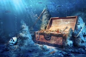 pirates, Sea, Underwater, Skull, Jewelry, Boxes, Digital art