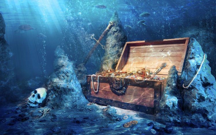 pirates, Sea, Underwater, Skull, Jewelry, Boxes, Digital art HD Wallpaper Desktop Background
