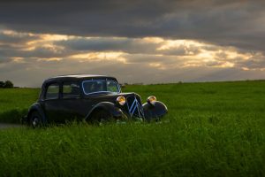 car, Retro style, Field, Sunset