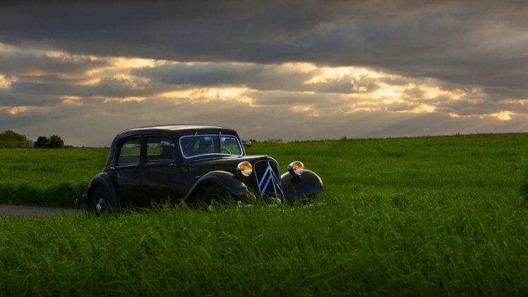car, Retro style, Field, Sunset HD Wallpaper Desktop Background