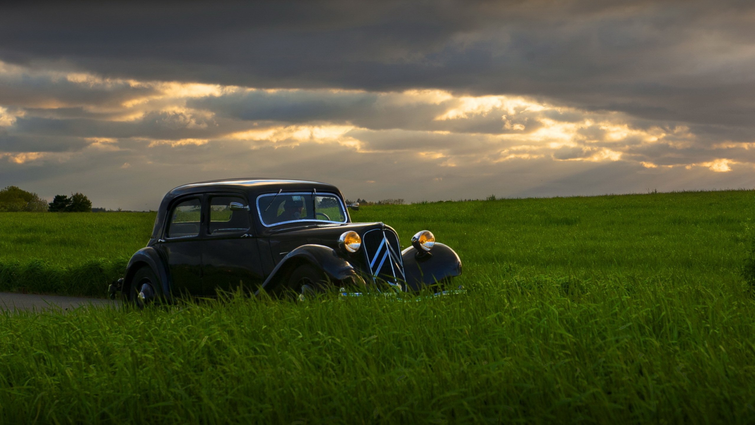 car, Retro style, Field, Sunset Wallpaper