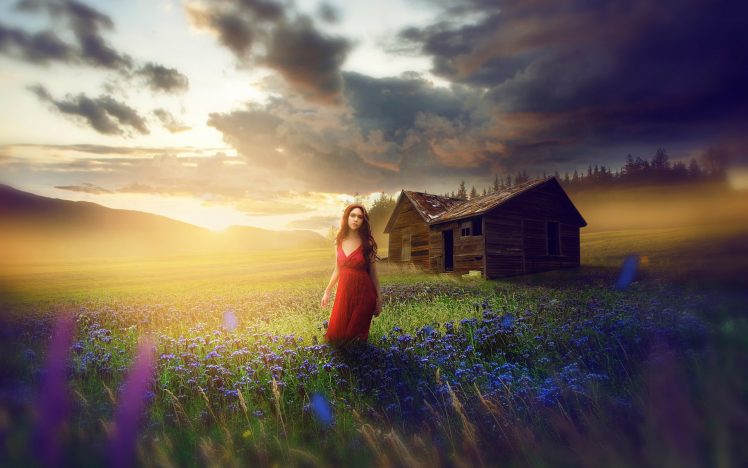 women, Outdoors, Sunset, Field, Flowers, Hut, Sky, Nature HD Wallpaper Desktop Background