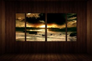 window, Shore, Rocks, Water, Sunset, Landscape, Room