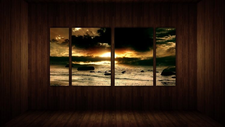 window, Shore, Rocks, Water, Sunset, Landscape, Room HD Wallpaper Desktop Background