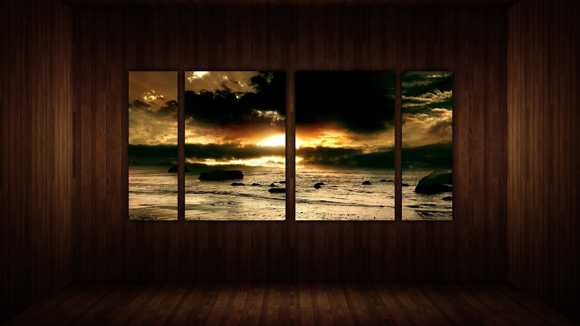 window, Shore, Rocks, Water, Sunset, Landscape, Room Wallpaper